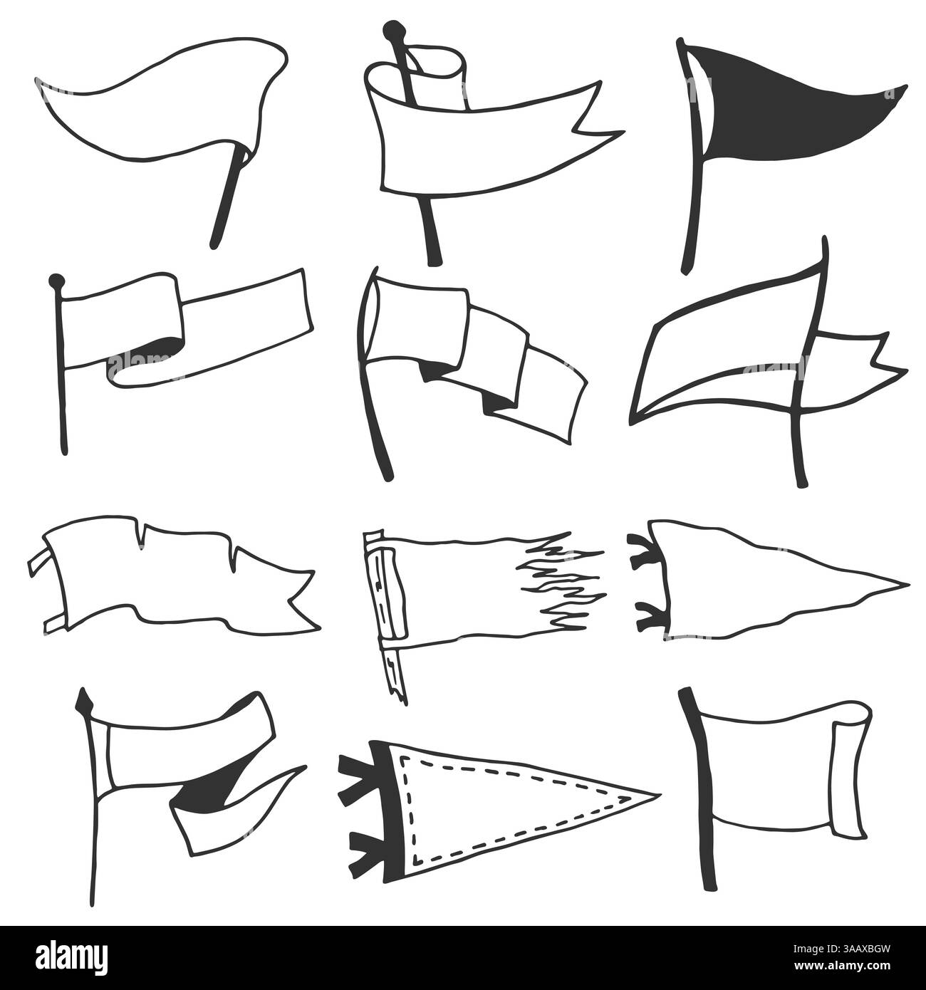 Set di 12 pennant. Etichette monocromatiche retrò. Stile vagabondo disegnato a mano. Design delle bandiere da viaggio del pennant. Illustrazione vettoriale. Illustrazione Vettoriale