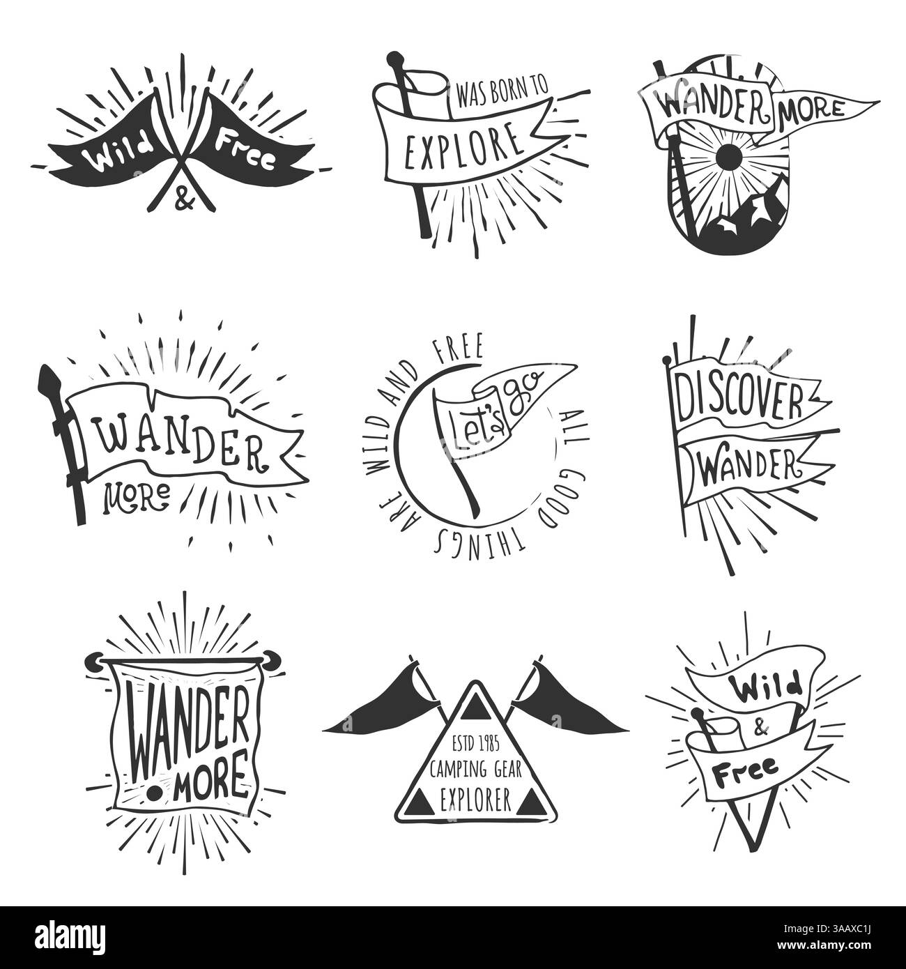 Set di emblemi per l'avventura e l'outdoor. Etichette retrò monocromatiche con raggi luminosi. Stile vagabondo disegnato a mano. Design delle bandiere da viaggio del pennant. Logo te Illustrazione Vettoriale
