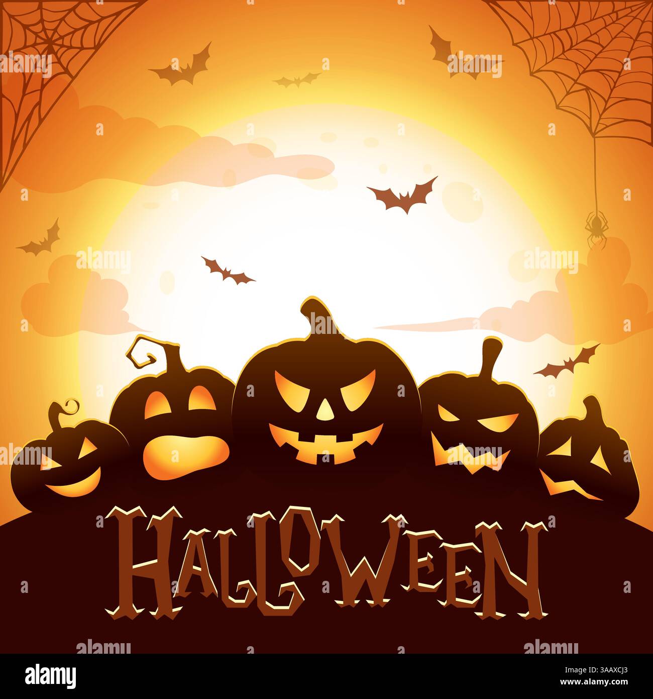 Poster vettoriale di Halloween. Zucche luccicanti di Halloween, pipistrelli volanti, ragno e ragnatela su sfondo astratto con una grande luna Illustrazione Vettoriale