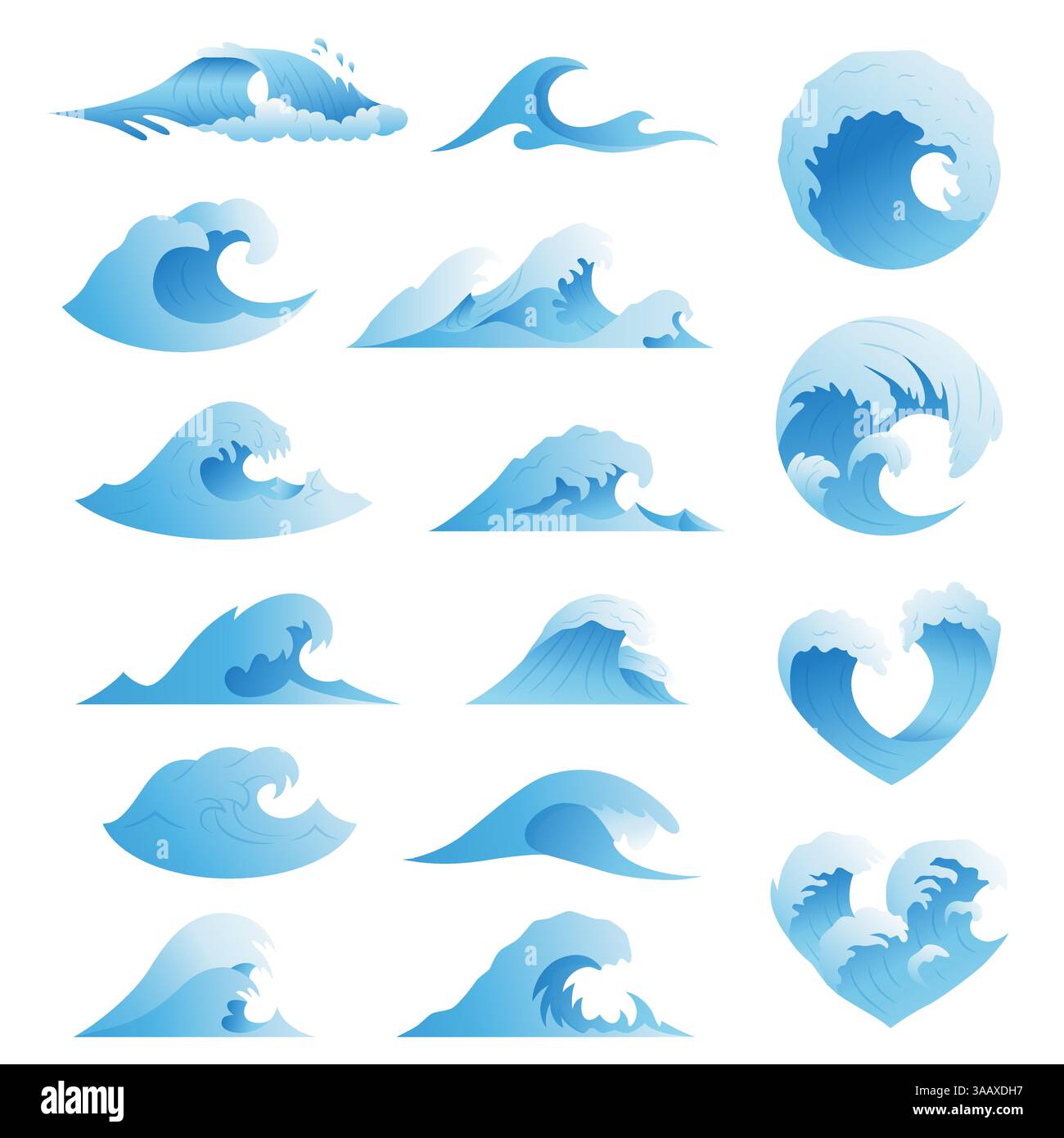 Set vettoriale onde oceaniche. Onda di tempesta marina isolata. Onde, elementi d'acqua impostati. Illustrazione di stile lineare onda naturale tempesta d'acqua Illustrazione Vettoriale