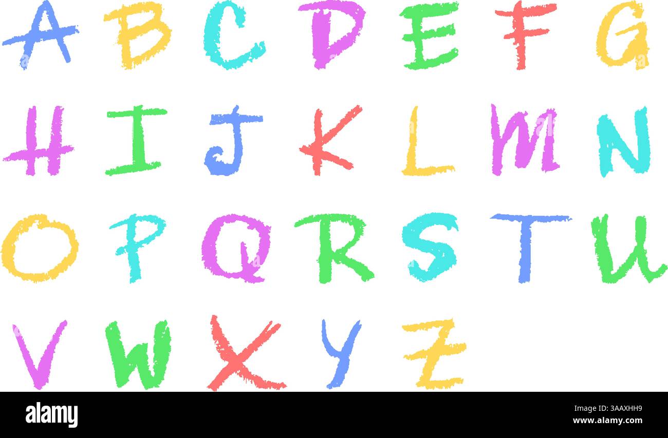 Alfabeto inglese disegnato a mano in un pastello. Lettere maiuscole colorate in stile gesso, pastello o cera. Effetto evidenziatore sulla lavagna bianca per l'asilo Illustrazione Vettoriale