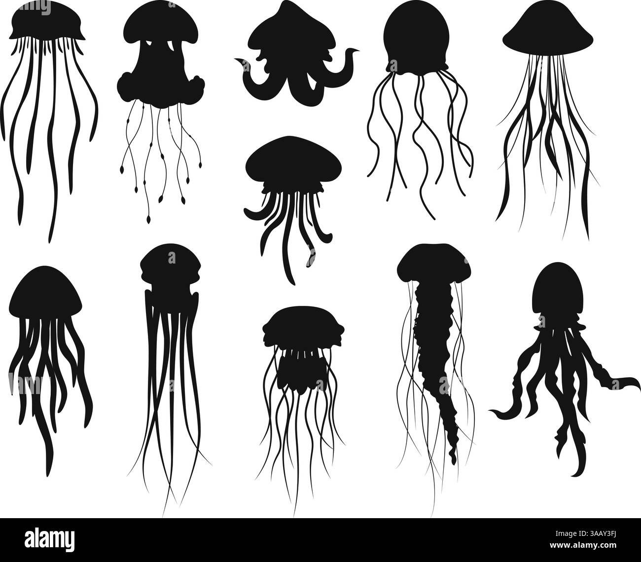 Silhouette nere con meduse marine. Marine medusa. Animali subacquei. Tentacoli acquatici velenosi. Plancton oceanico che nuota. Gelatina. Fauna naturale Illustrazione Vettoriale