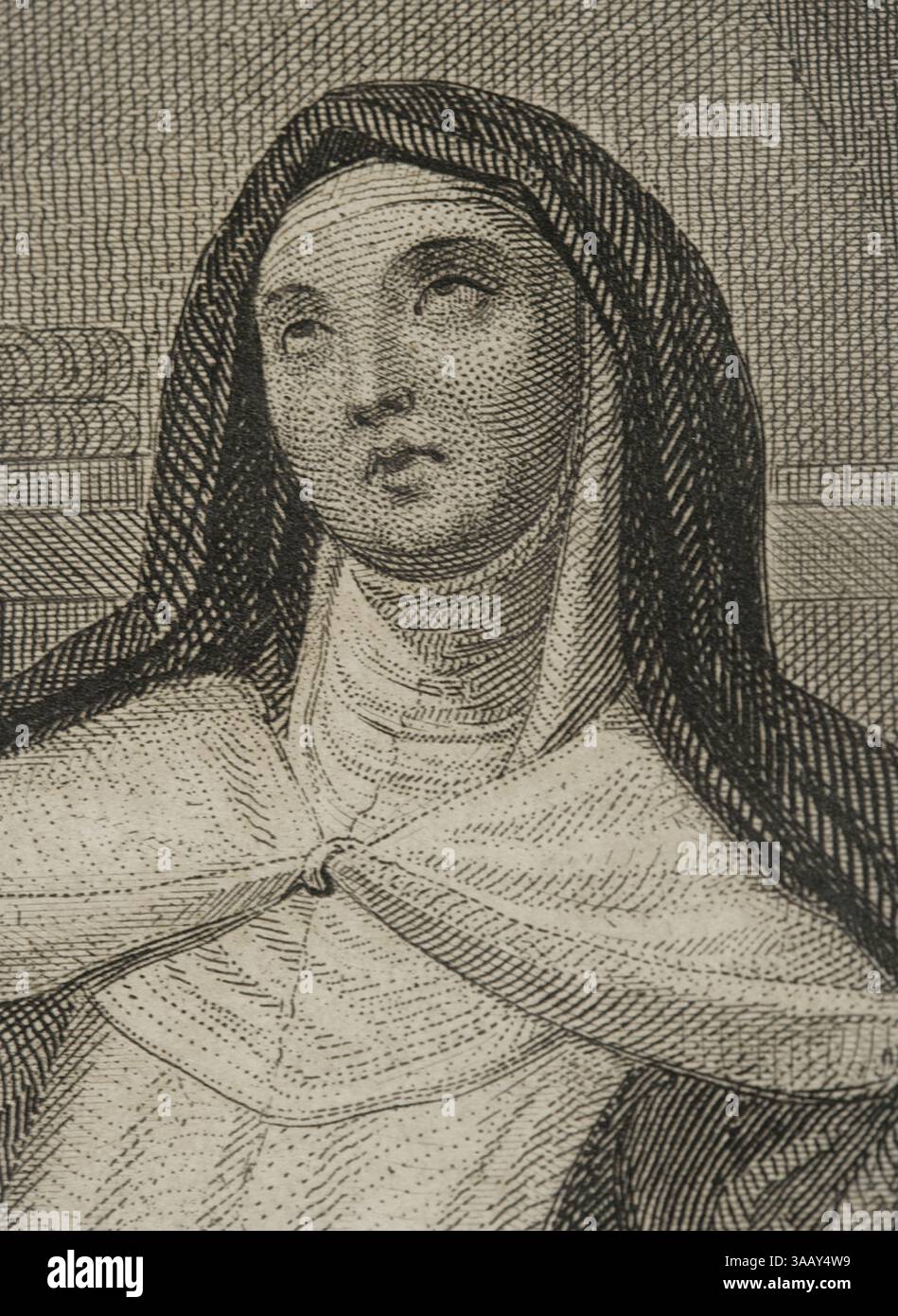 Santa Teresa di Gesù (Teresa d'Avila) (1515-1582). Suora spagnola, fondatrice dell'ordine dei Carmelitani scalzi. Mystic e scrittore. Verticale. Incisione. Historia de las persecuciones políticas y religiosas en Europa (storia delle persecuzioni politiche e religiose in Europa). Volume II pubblicato a Barcellona, 1864. Foto Stock