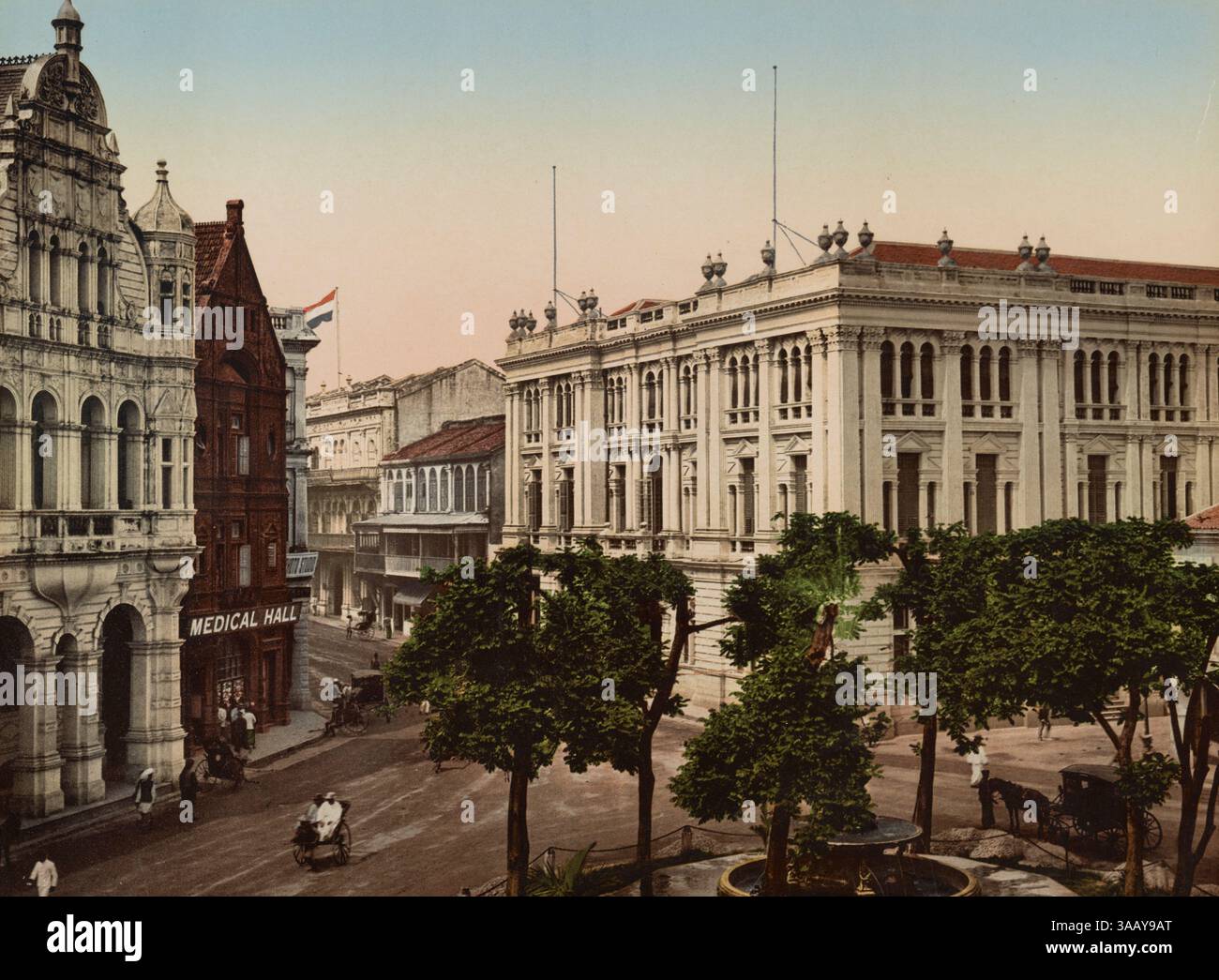 Stampa fotocromatica di edifici bancari e Medical Hall in Battery Road a Singapore. Foto Stock