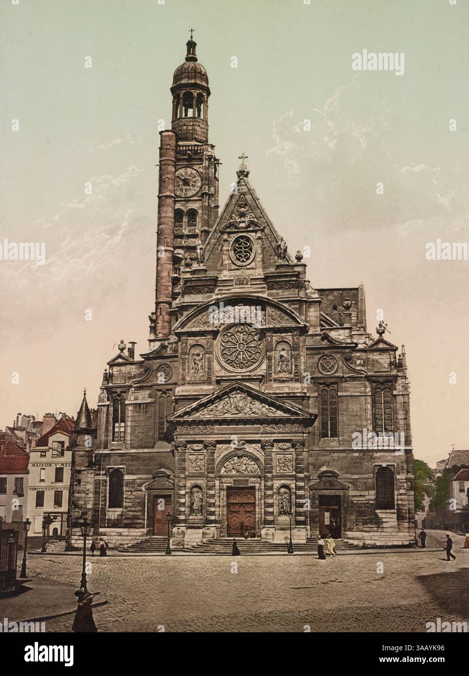 Stampa fotocromatica vintage della chiesa di Saint-Etienne-du-Mont a Parigi, Francia. Foto Stock