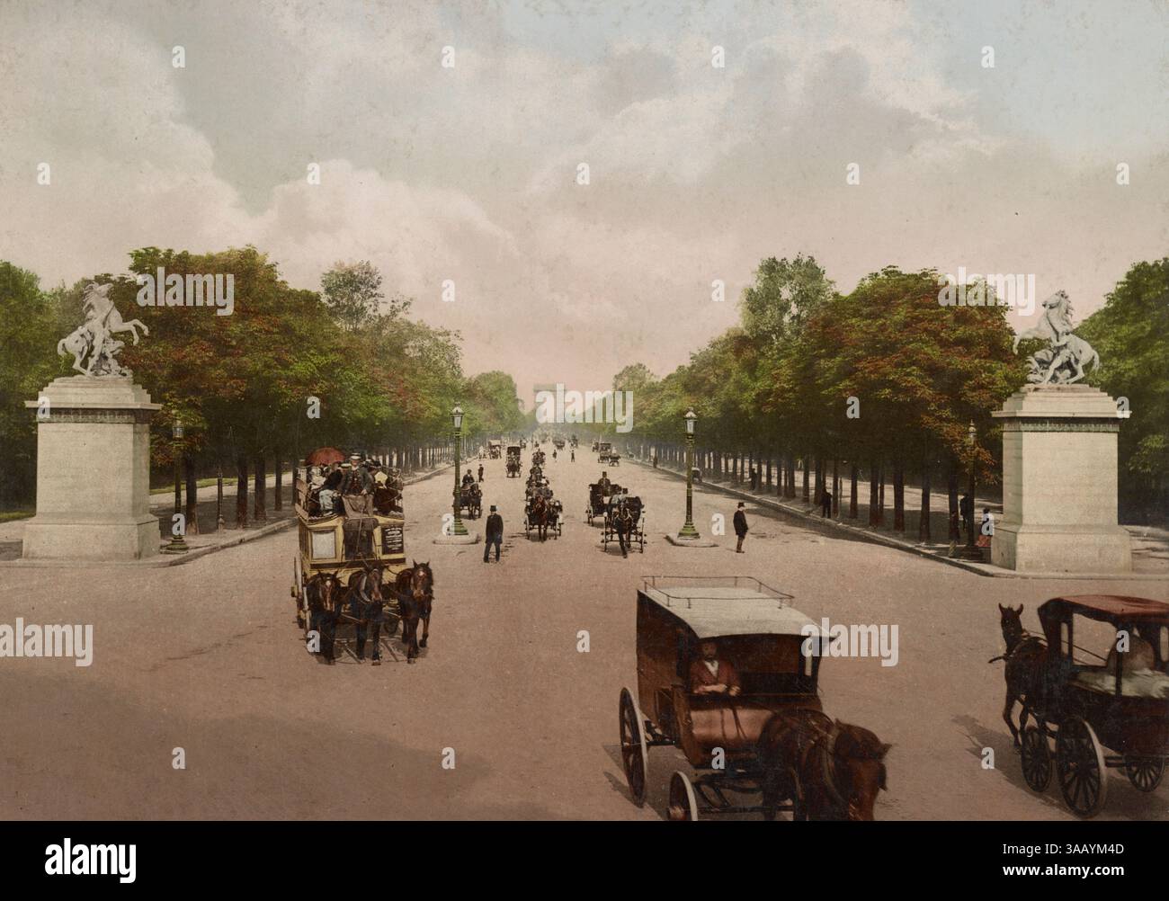 Stampa fotocromatica vintage degli Champs Elysees a Parigi, Francia. Foto Stock