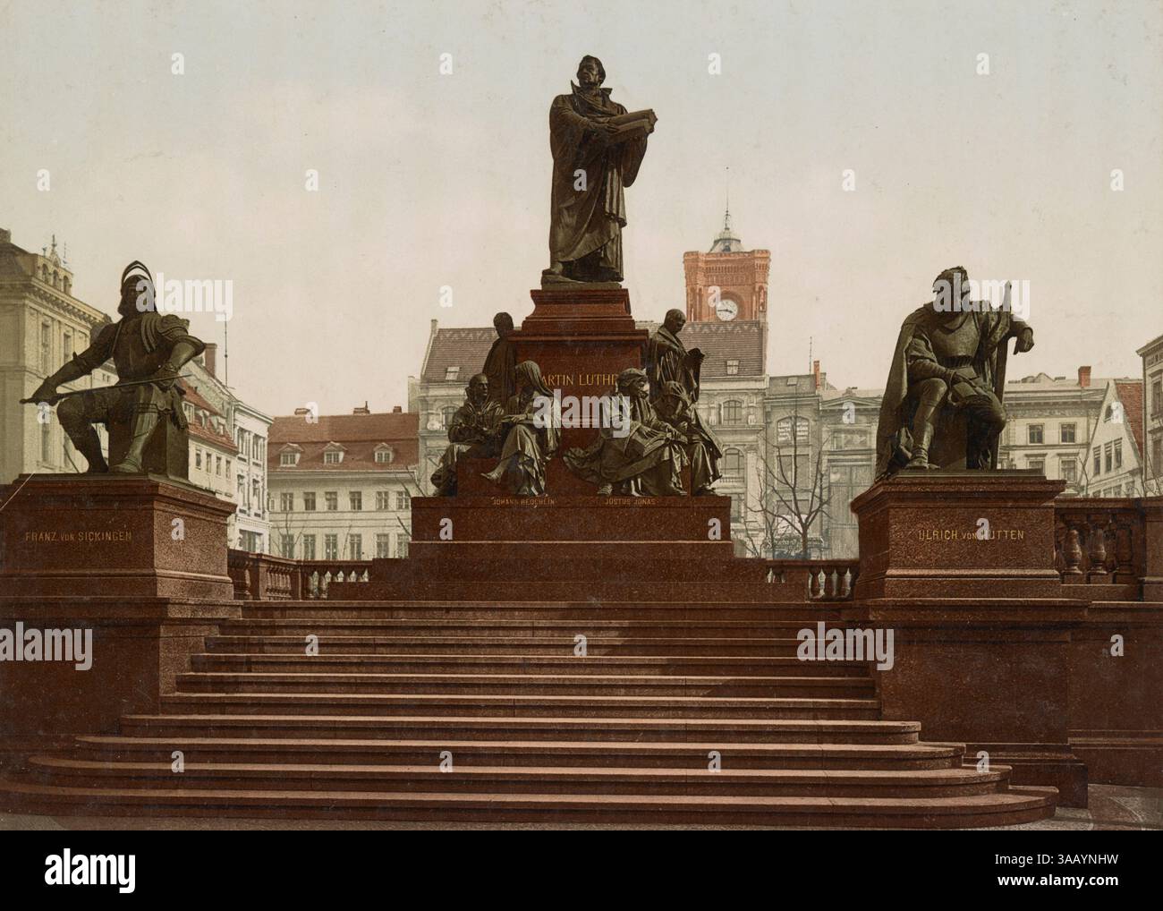Stampa fotocromatica d'epoca del monumento di Lutero a Berlino, Germania. Foto Stock
