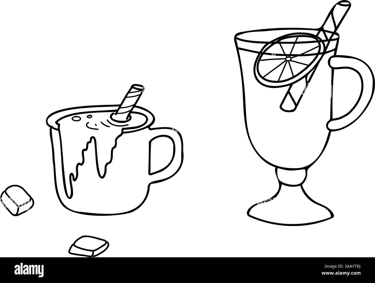Set di bevande calde autunnali o invernali. Tazza di cioccolato caldo con barrette di cioccolato e bicchiere di VIN brulé o gluhwein isolato su uno sfondo. Mano vettoriale Illustrazione Vettoriale