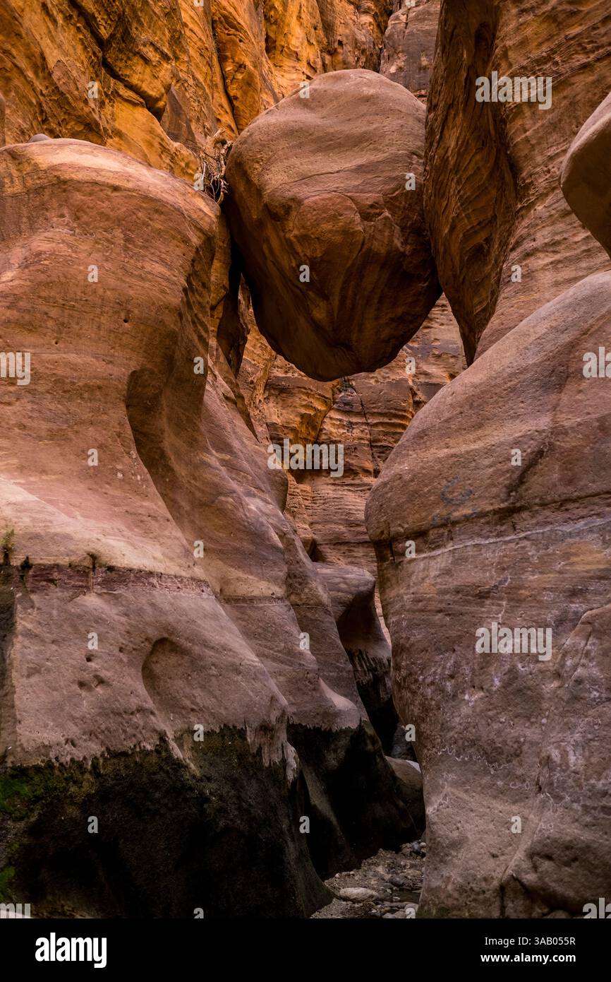 AL-MANSOURA, GIORDANIA - 10 SETTEMBRE 2021: Pietra sospesa nel canyon del Wadi Ghuweir Trail. CREDITO: Daniel Rodrigues Foto Stock