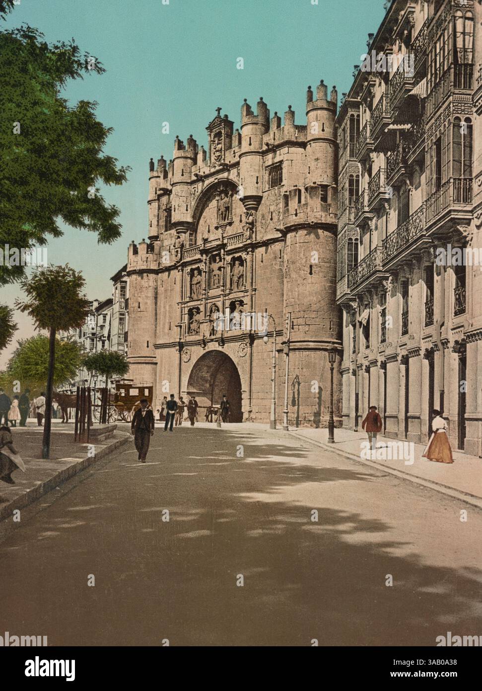 Stampa fotocromatica d'epoca dell'Arco de Santa Maria a Burgos, Spagna. Foto Stock