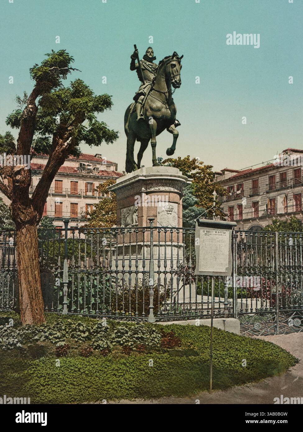 Stampa fotocromatica d'epoca del monumento di re Filippo III a Madrid, Spagna. Foto Stock