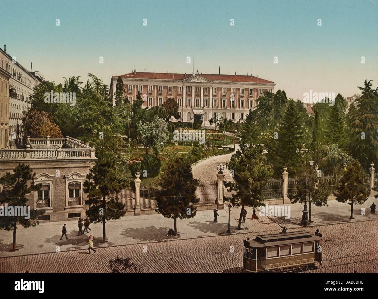 Stampa fotocromatica d'epoca del Palazzo Buenavista, sede del Ministero della Guerra a Madrid, Spagna. Foto Stock