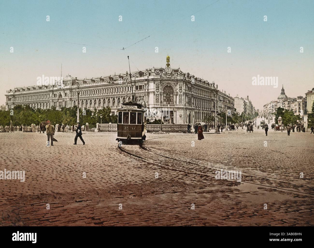 Stampa fotocromatica d'epoca dell'edificio della Banca di Spagna a Madrid, Spagna. Foto Stock
