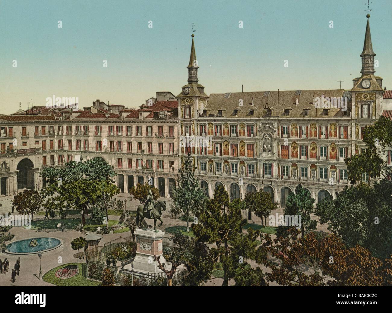 Stampa fotocromatica d'epoca di Casa de la Panaderia nella Plaza Mayor di Madrid, Spagna. Foto Stock