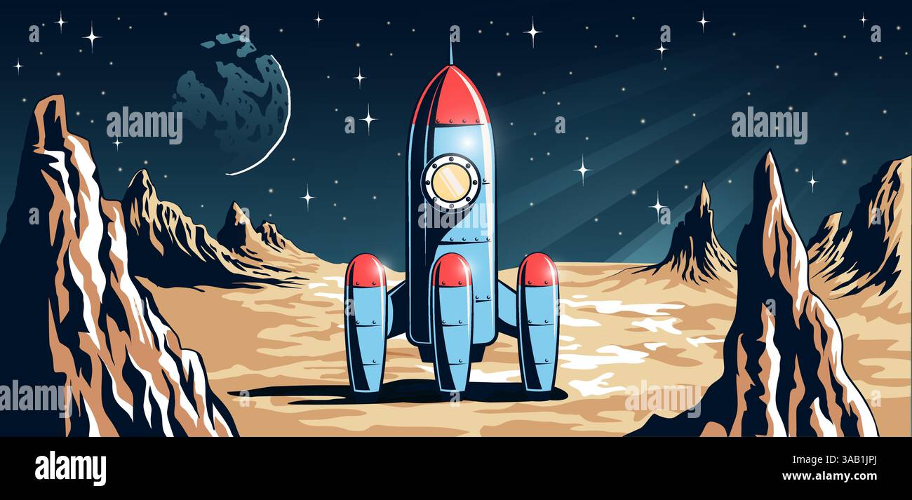 Rocket si trova su una luna lontana con un cielo stellato e un pianeta sullo sfondo durante una serena ambientazione notturna Illustrazione Vettoriale