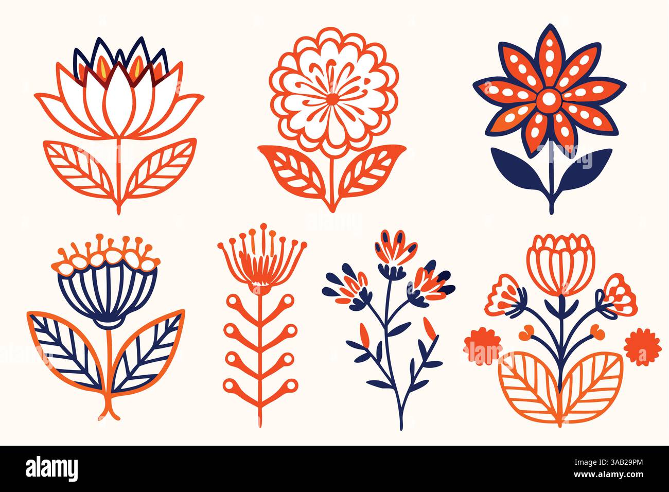 Una collezione di sei illustrazioni floreali stilizzate in arancione e blu, con vari disegni floreali con motivi simmetrici e foglie decorative Illustrazione Vettoriale