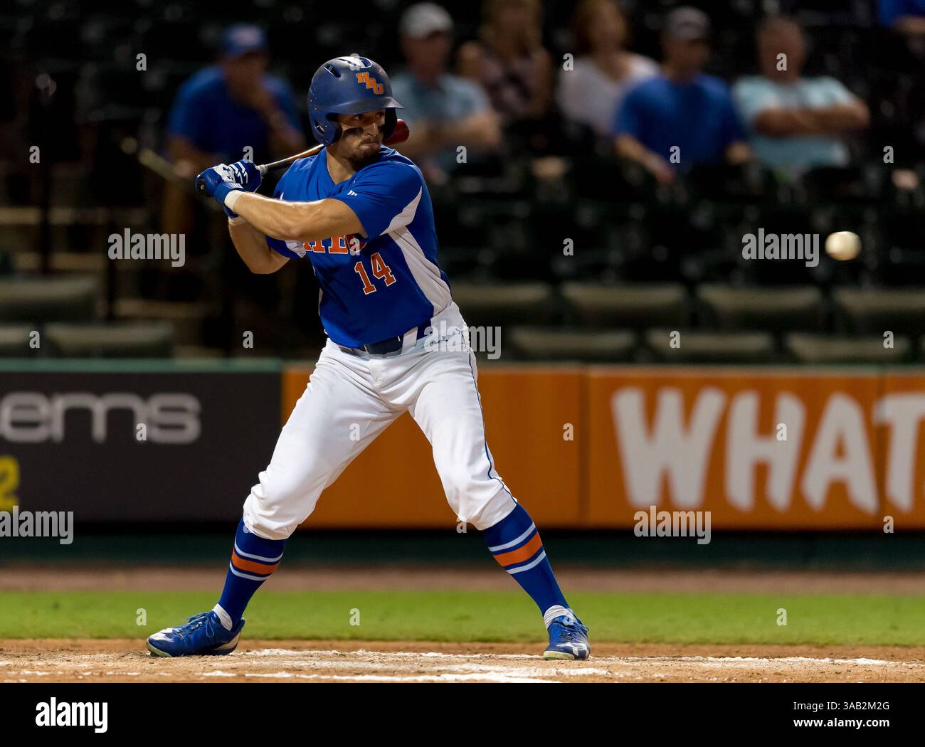 23 maggio 2018: Houston Baptist Outfielder Spencer Halloran (14) durante il Southland Conference Championships 2018. Partita 4: Houston Baptist University vs Central Arkansas al Constellation Field Sugar Land, Texas. Houston Baptist ha vinto in sette inning 14 - 4 (Credit Image: &Copy; Maria Lysaker/CSM via ZUMA Wire) Foto Stock