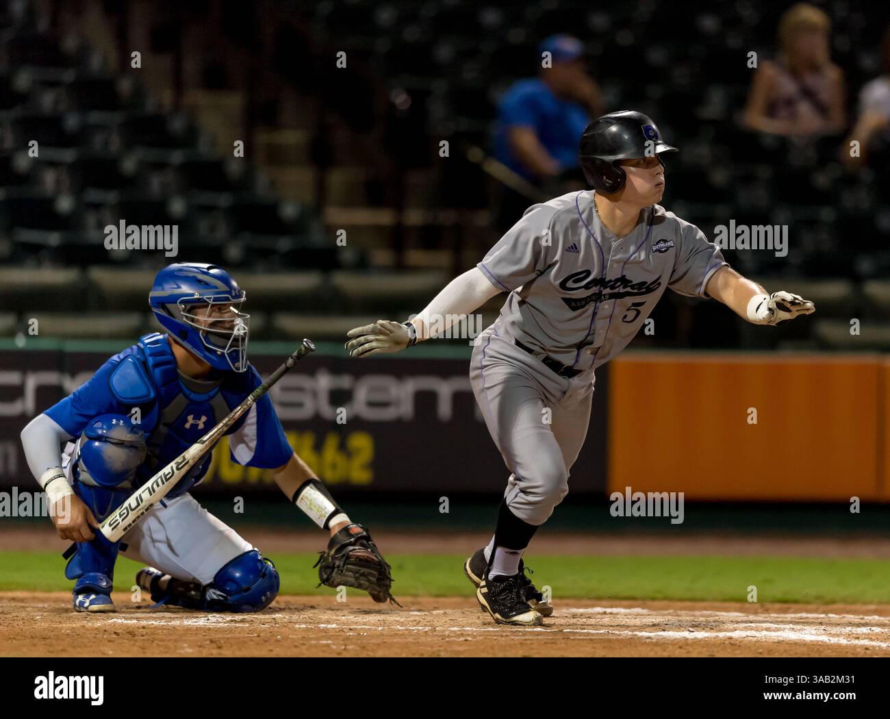 23 maggio 2018: Ricevitore dell'Arkansas centrale William Hancock (5) durante i Southland Conference Championships 2018. Partita 4: Houston Baptist University vs Central Arkansas al Constellation Field Sugar Land, Texas. Houston Baptist ha vinto in sette inning 14 - 4 (Credit Image: &Copy; Maria Lysaker/CSM via ZUMA Wire) Foto Stock