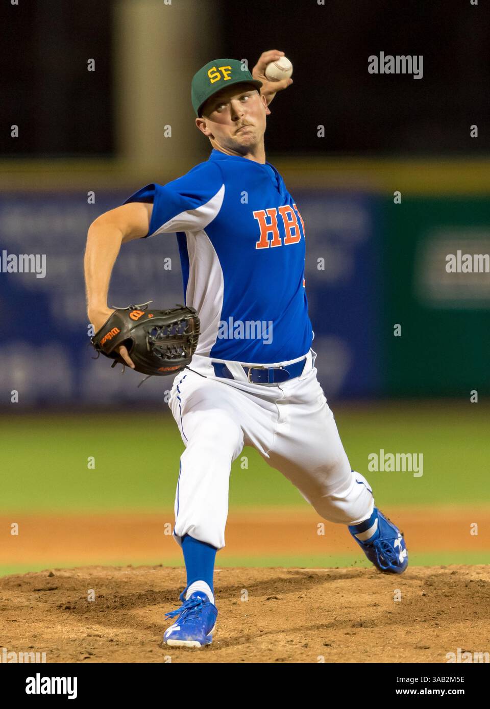 23 maggio 2018: Il lanciatore di Houston Baptist Matthew McCollough (18) durante i Southland Conference Championships 2018. Partita 4: Houston Baptist University vs Central Arkansas al Constellation Field Sugar Land, Texas. Houston Baptist ha vinto in sette inning 14 - 4 (Credit Image: &Copy; Maria Lysaker/CSM via ZUMA Wire) Foto Stock