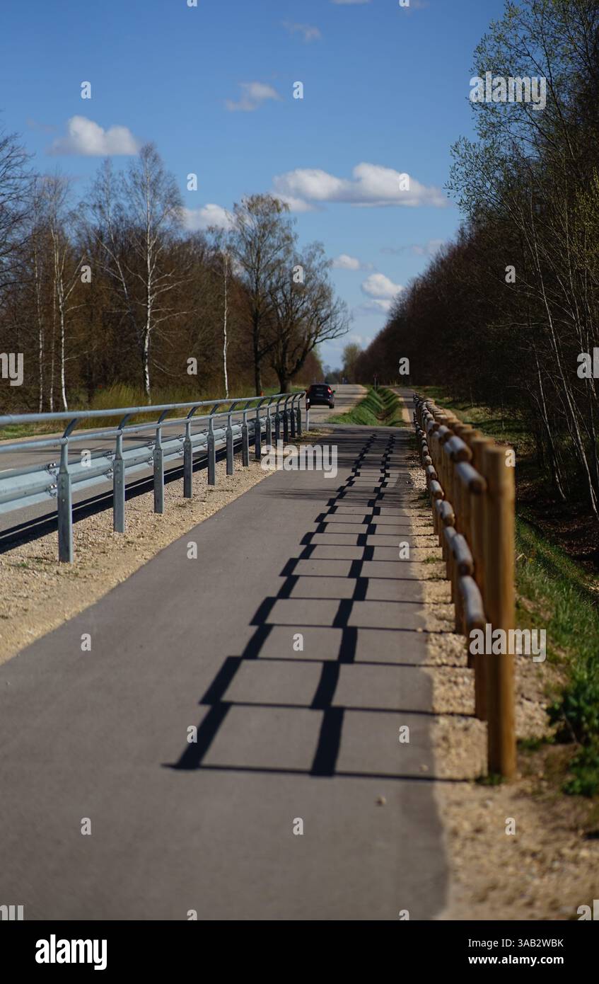 Una strada di campagna racchiusa da barriere di sicurezza, che proietta intricate ombre che si estendono verso un'auto in lontananza, invitando un senso di viaggio e avventura. Foto Stock Una strada di campagna racchiusa da barriere di sicurezza, che proietta intricate ombre che si estendono verso un'auto in lontananza, invitando un senso di viaggio e avventura. Foto Stock