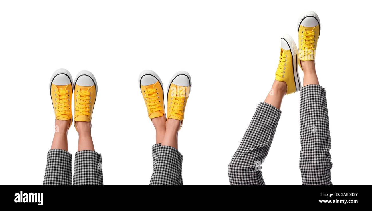 Donna che mostra le scarpe su sfondo bianco, primo piano. Collage di foto Foto Stock