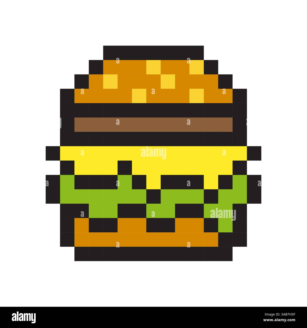 Icona Pixel Burger. Fast food scadente. Snack vettoriali. Immagine pasto retrò. Illustrazione Vettoriale