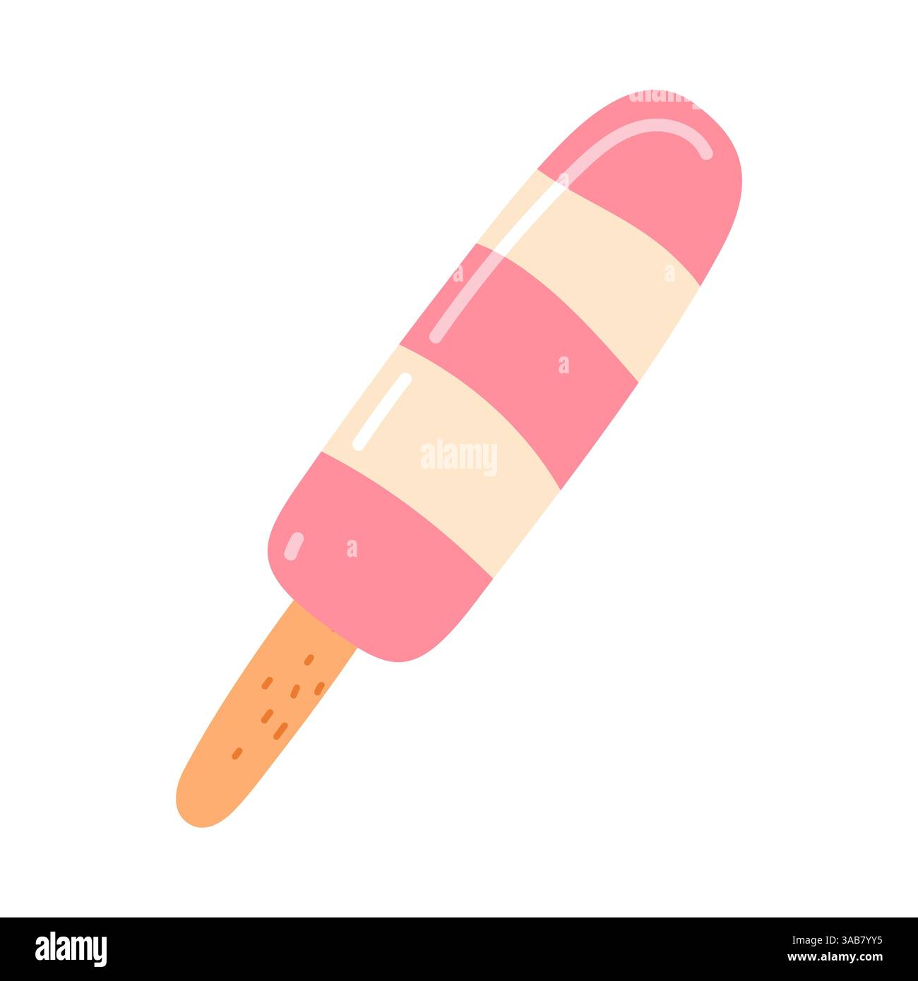 Delizioso gelato a strisce rosa e crema su un bastoncino di legno in un divertente stile cartoni animati Illustrazione Vettoriale