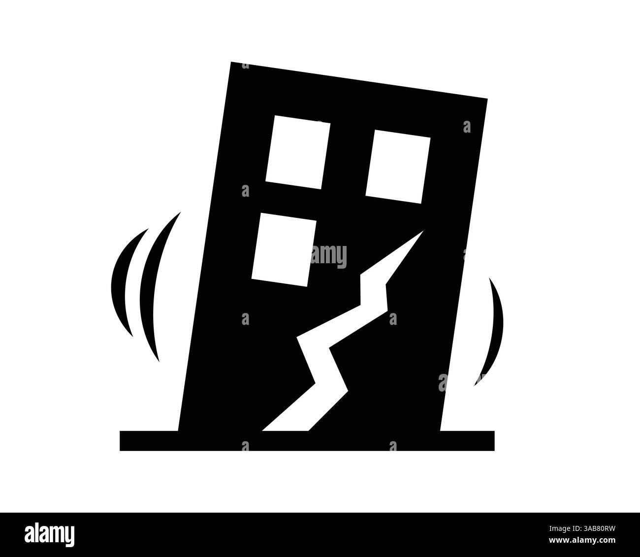 Illustrazione astratta di un edificio inclinato a causa di un terremoto con dettagli di crepe e linee di scuotimento Illustrazione Vettoriale