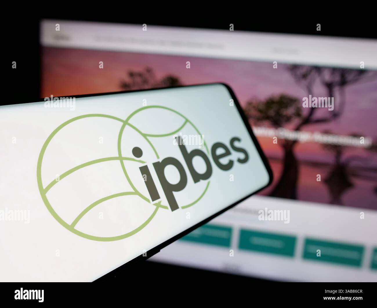 In questa immagine, uno smartphone con il logo dell'organizzazione intergovernativa IPBES è visibile sullo schermo davanti al sito Web. Foto Stock
