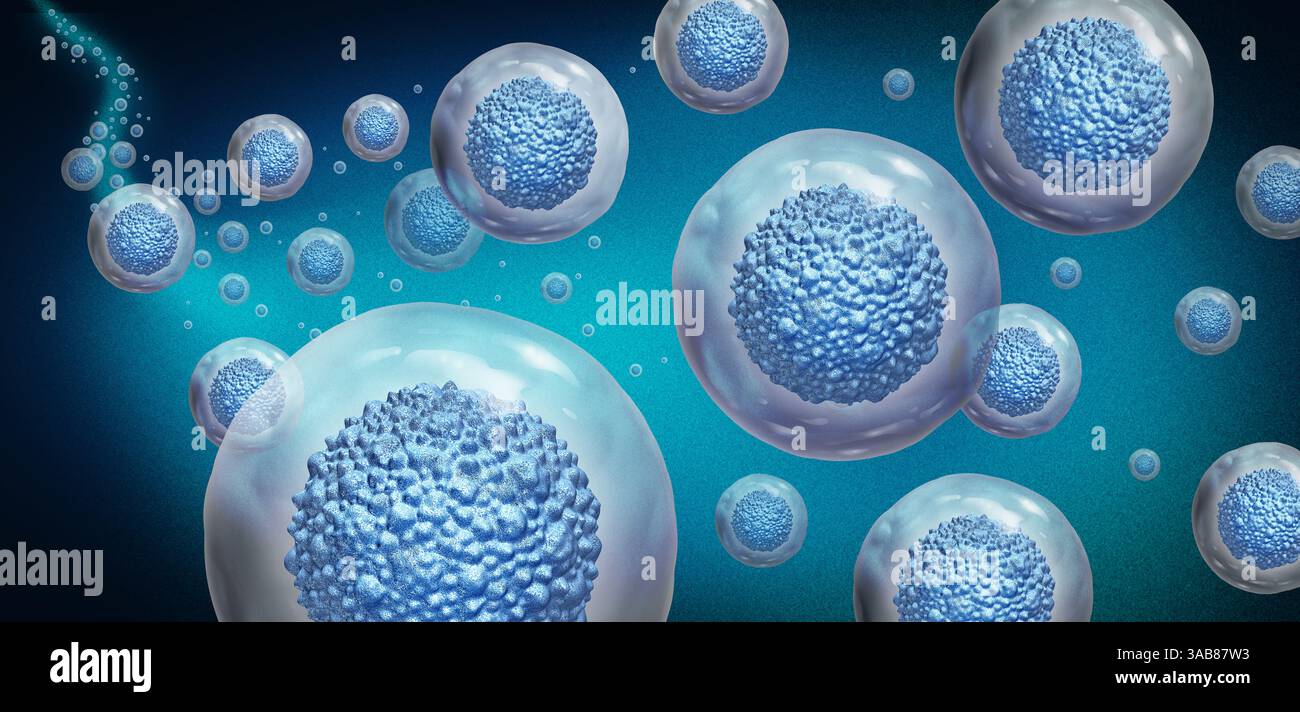 Terapia rigenerativa e medicina di rigenerazione o terapie terapeutiche con cellule staminali per ricrescere le cellule danneggiate come trattamento per la malattia come multicellulare. Foto Stock