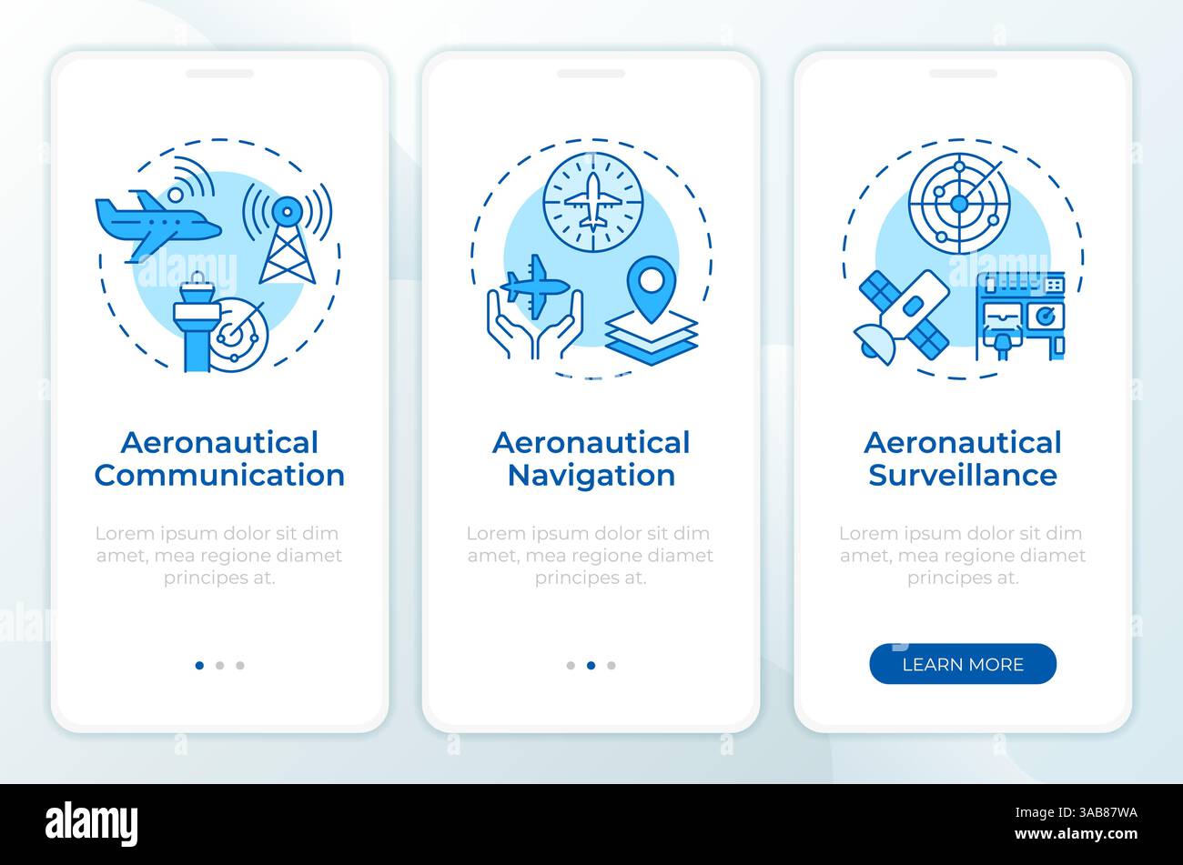Schermata blu dell'app mobile onboarding per la tecnologia aeronautica Illustrazione Vettoriale