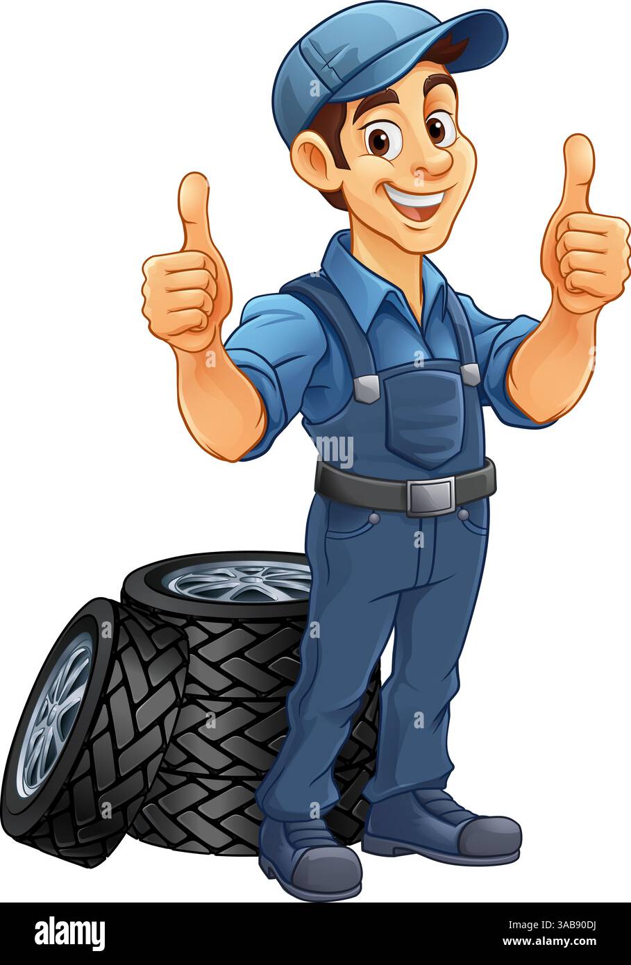 Pneumatico pneumatico meccanico per l'assistenza auto Mascotte Cartoon Man Illustrazione Vettoriale