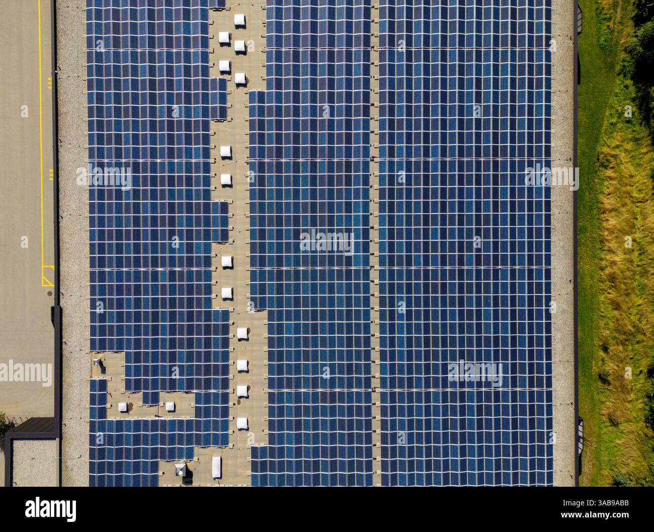 Questa immagine aerea mostra una vasta gamma di pannelli solari situati nella panoramica zona di Brig in Svizzera, mettendo in evidenza le energie rinnovabili all'interno del naturale Foto Stock