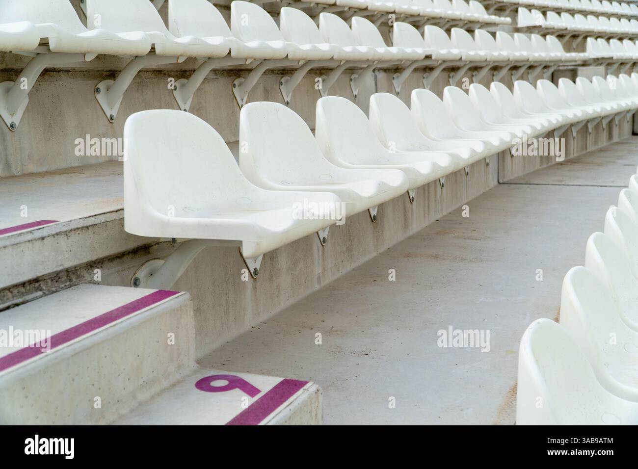 File di posti bianchi vuoti attendono gli spettatori in uno stadio di atletica all'aperto, con un numero di posti visibile per i posti a sedere organizzati. Foto Stock