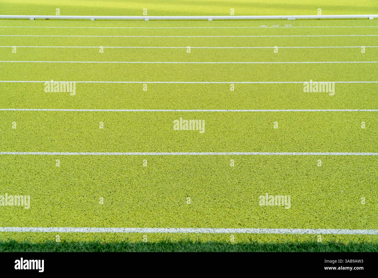 Primo piano di una vivace pista da running verde sintetica con corsie bianche in uno stadio di atletica all'aperto. Nessuna persona è visibile nell'immagine. Foto Stock
