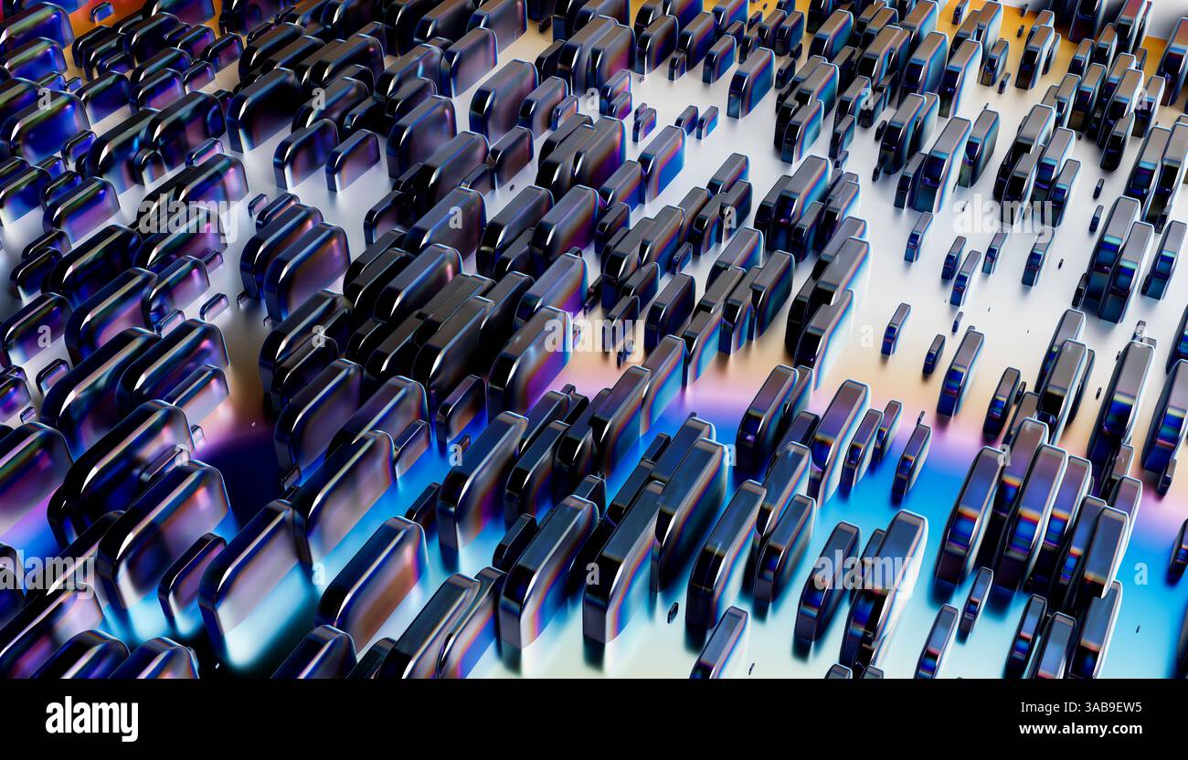 Un'accattivante disposizione di forme 3D metalliche di varie dimensioni su uno sfondo a gradiente iridescente. La scena trasmette un aes moderno e futuristico Foto Stock