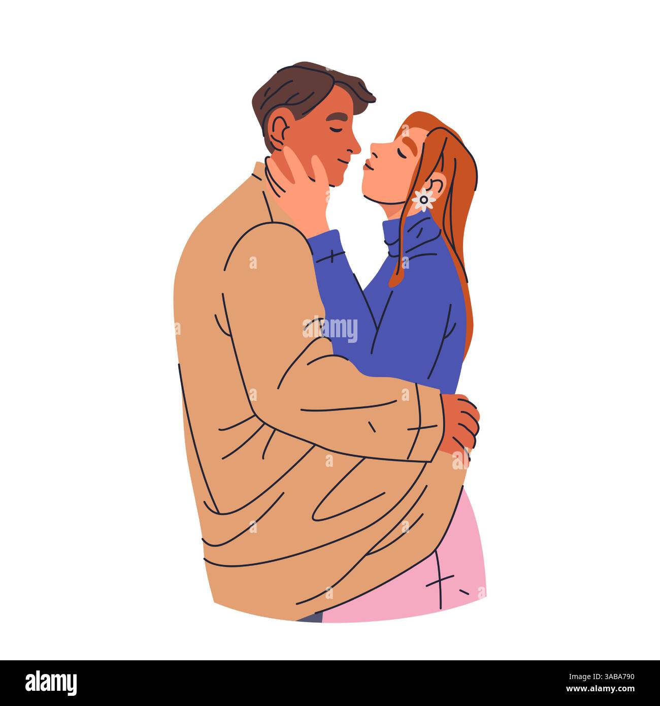 Coppia di baci vettoriali. Le persone romantiche si baciano. Amore e affetto, emozione romantica. Passione e rapporto premuroso. Coppia che abbraccia. Momento di cuore. Illustrazione Vettoriale