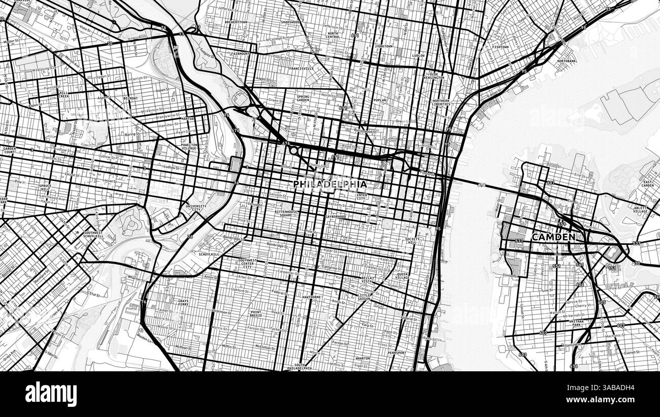 Mappa minimalista di Philadelphia Street con etichette e quartieri con molti dettagli per strade urbane, sentieri e strade. Foto Stock