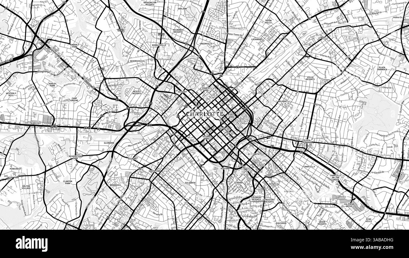 Cartina minimalista di Charlotte Street con etichette e quartieri con molti dettagli per strade, sentieri e strade urbane. Foto Stock