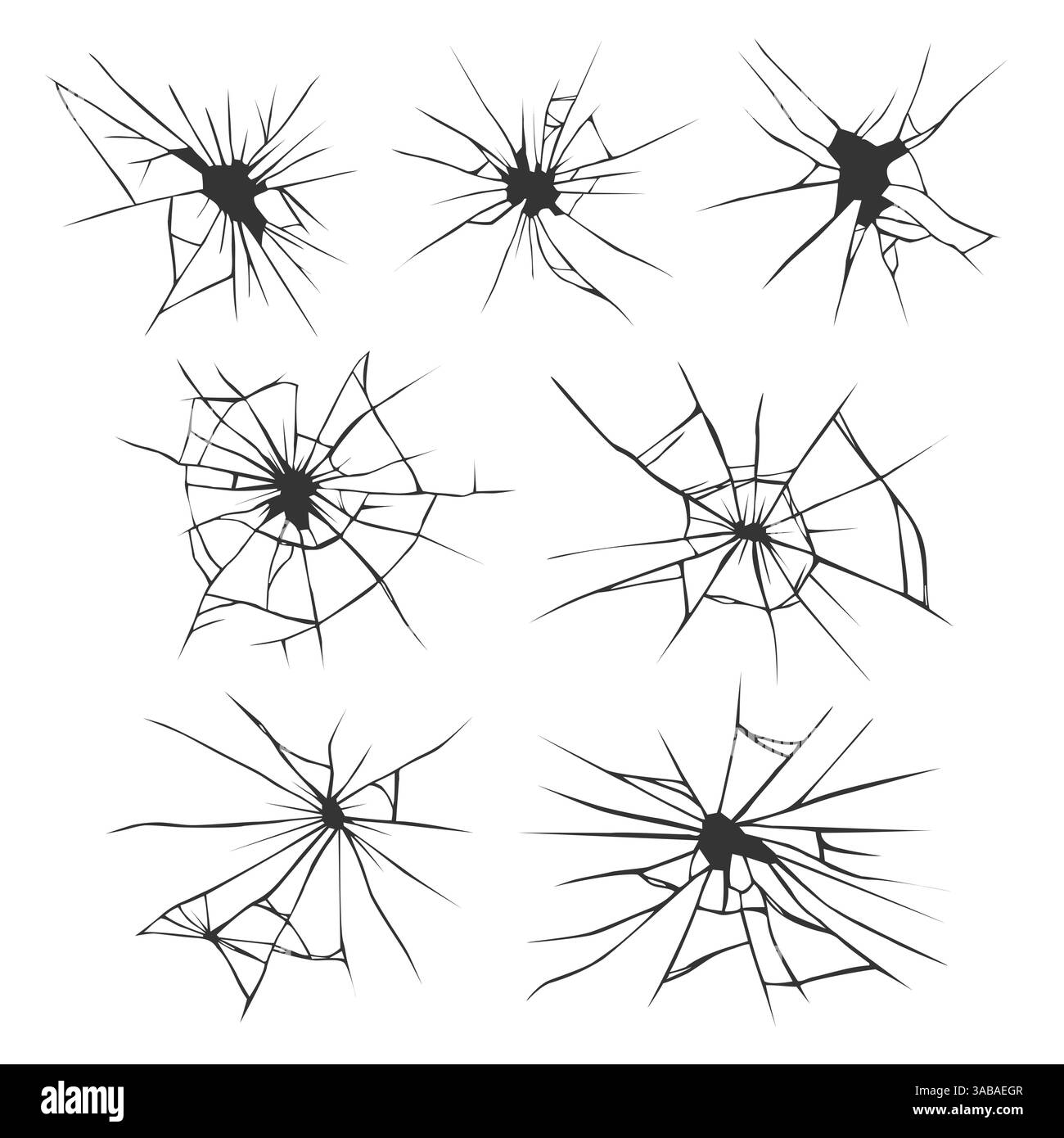 Set di sette fori vettoriali nella superficie di vetro. Vetro rotto. Vetro incrinato. Finestra o specchio rotto dopo la distruzione Illustrazione Vettoriale