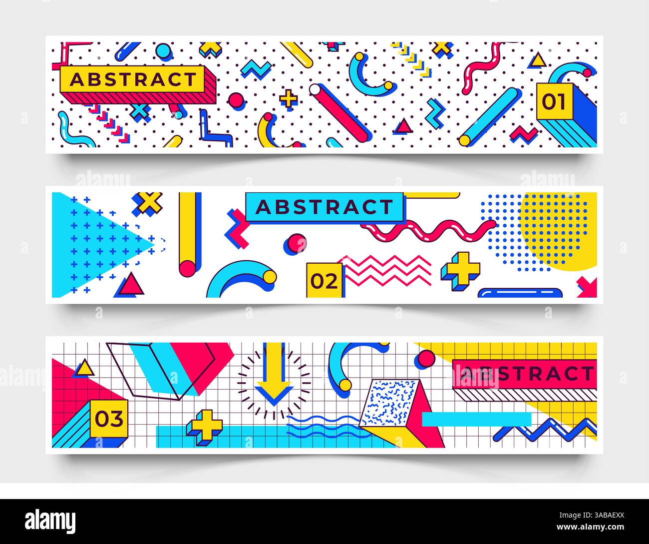 Tre striscioni orizzontali. Elementi di trend astratti degli anni '90 con forme geometriche. Forme con triangoli, cerchi, linee Illustrazione Vettoriale