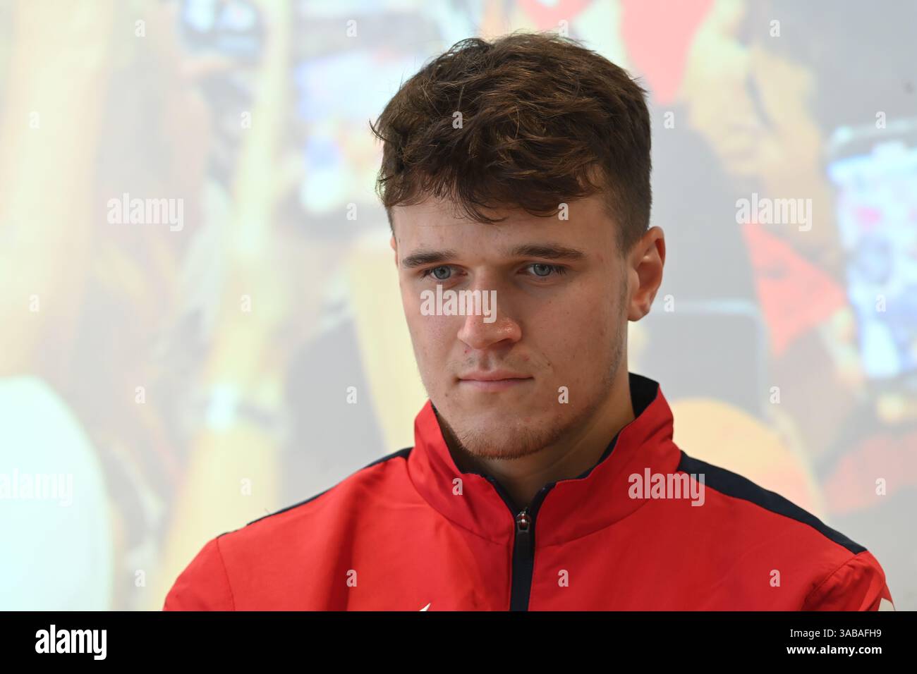 Prostejov, Repubblica Ceca. 2 aprile 2025. Il tennista ceco e vincitore del torneo ATP Masters di Miami Jakub Mensik tiene una conferenza stampa a Prostejov, Repubblica Ceca, il 2 aprile 2025. Crediti: Ludek Perina/CTK Photo/Alamy Live News Foto Stock