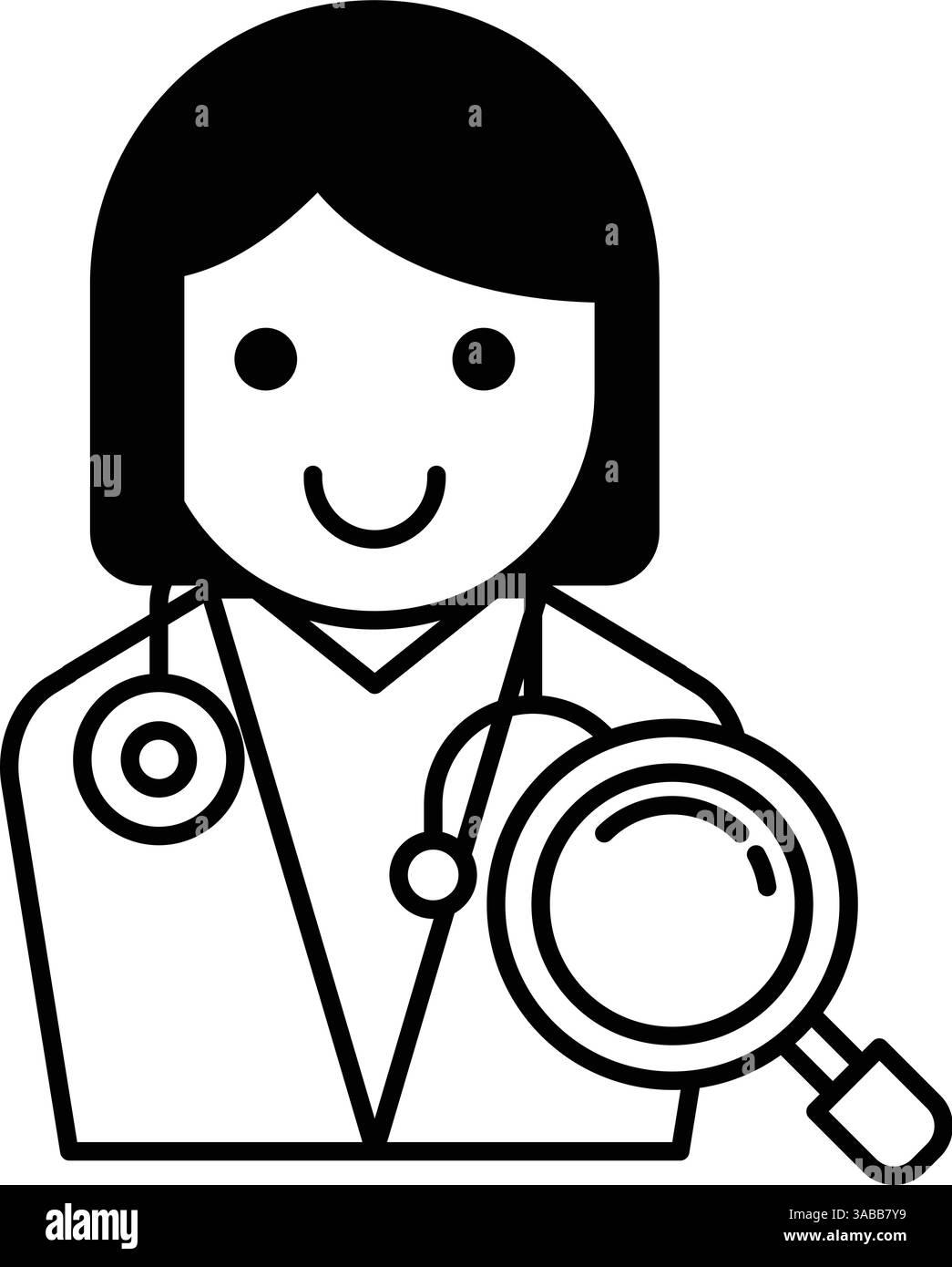 Una donna medico sorride e tiene in mano una lente d'ingrandimento Illustrazione Vettoriale
