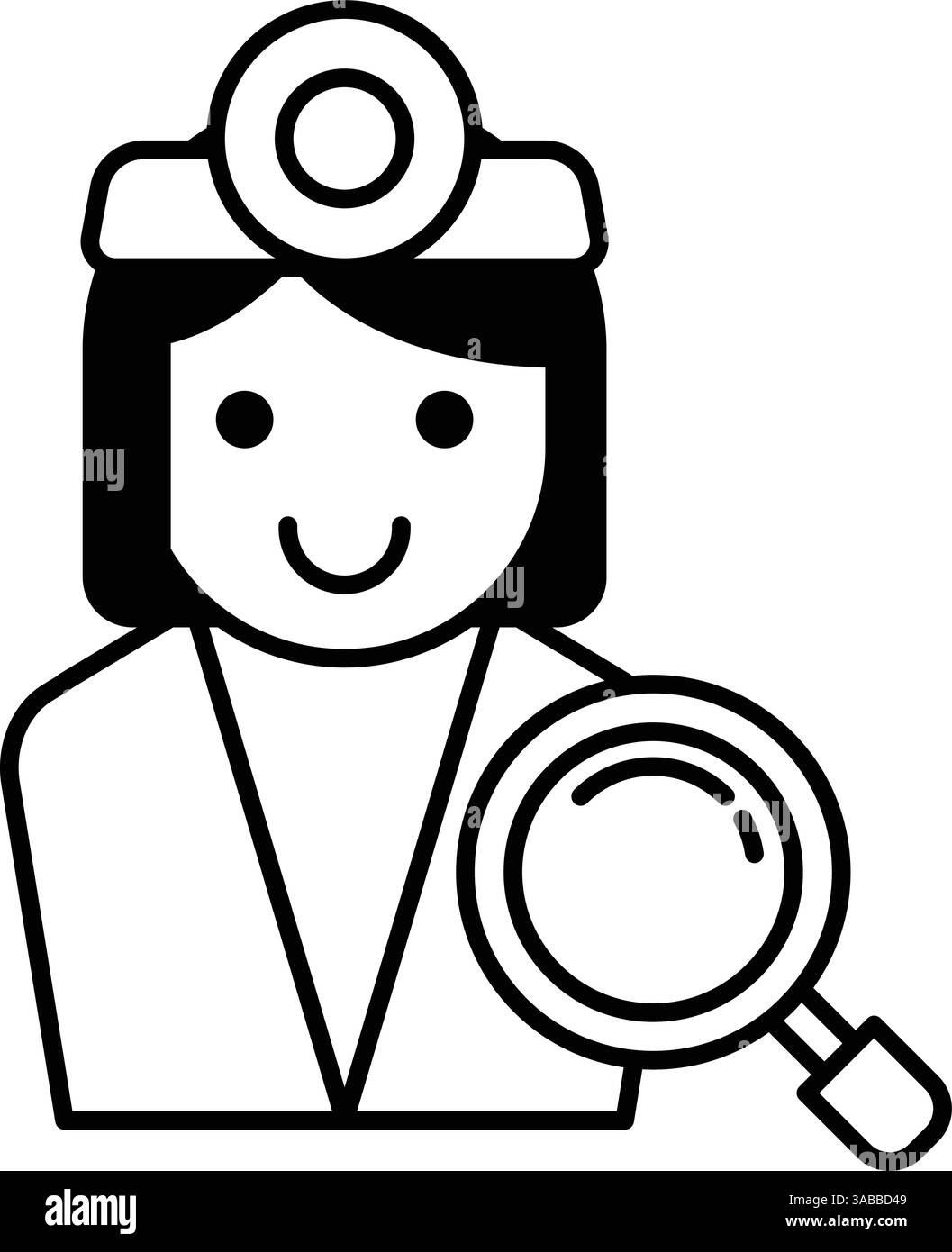 Una donna medico sorride e tiene in mano una lente d'ingrandimento Illustrazione Vettoriale