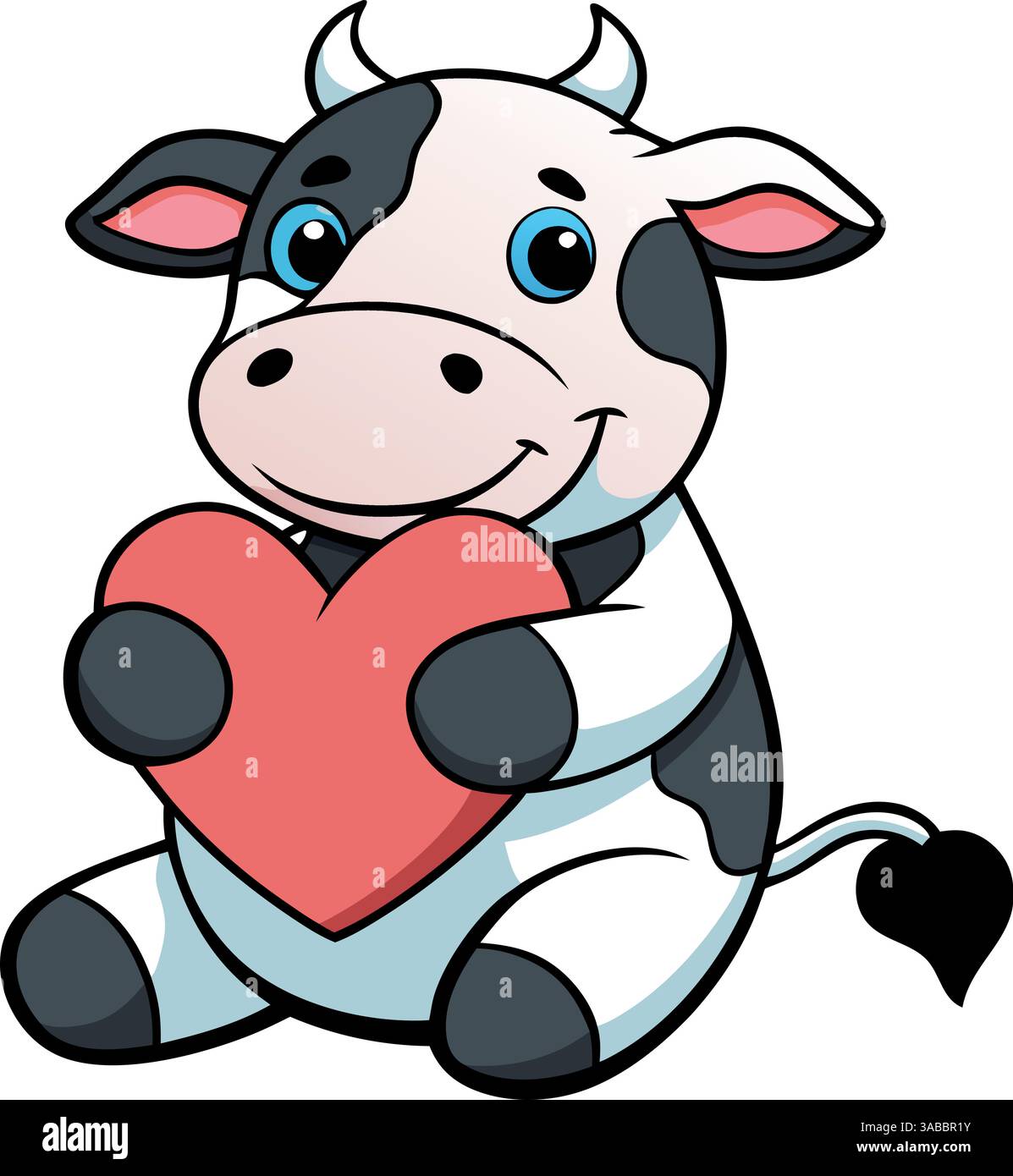 Carina mucca cartoni animati che tiene il cuore rosso isolato su sfondo bianco. Illustrazione Vettoriale