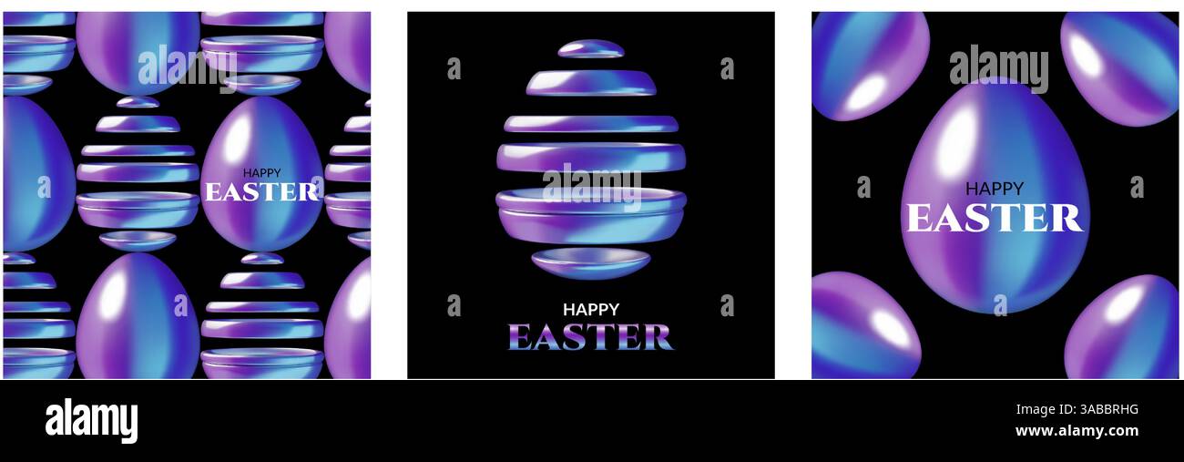 Uova di Pasqua olografiche in 3d sfondi neri e astratte carte Dark Happy Easter Illustrazione Vettoriale