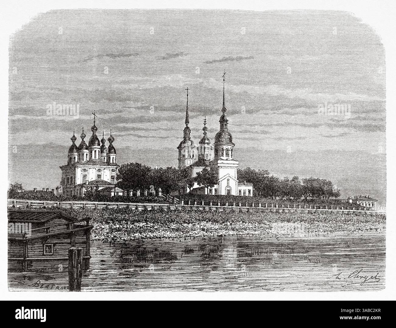 Vista panoramica generale della città di Arkhangelsk (Arjánguelsk) situata sulle rive del fiume Dviná settentrionale, molto vicino al Mar bianco. Russia settentrionale. Disegno di Hubert Clerget (1818-1899) viaggio in Russia libera 1869 di William Hepworth Dixon. Le Tour du Monde 1872 Foto Stock