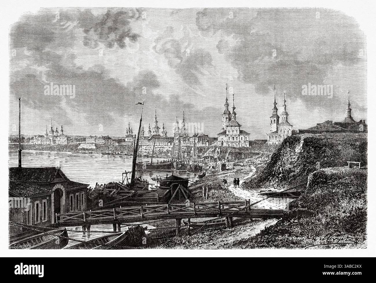 Vista panoramica generale della città di Arkhangelsk (Arjánguelsk) situata sulle rive del fiume Dviná settentrionale, molto vicino al Mar bianco. Nord, Russia. Disegno di Hubert Clerget (1818-1899) viaggio in Russia libera 1869 di William Hepworth Dixon. Le Tour du Monde 1872 Foto Stock