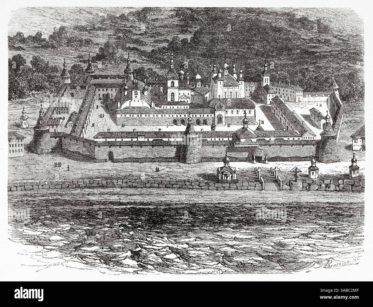 Il monastero di Solovetskij è un monastero fortificato situato sulle Isole Solovetskij nel Mar bianco. Era una delle più grandi cittadelle cristiane nel nord della Russia prima di essere convertita in prigione e campo di lavoro sovietico nel 1926-1939, e servì come prototipo per i campi del sistema Gulag. Russia settentrionale. Disegno di Emile Therond (182-1883) viaggio in Russia libera 1869 di William Hepworth Dixon. Le Tour du Monde 1872 Foto Stock