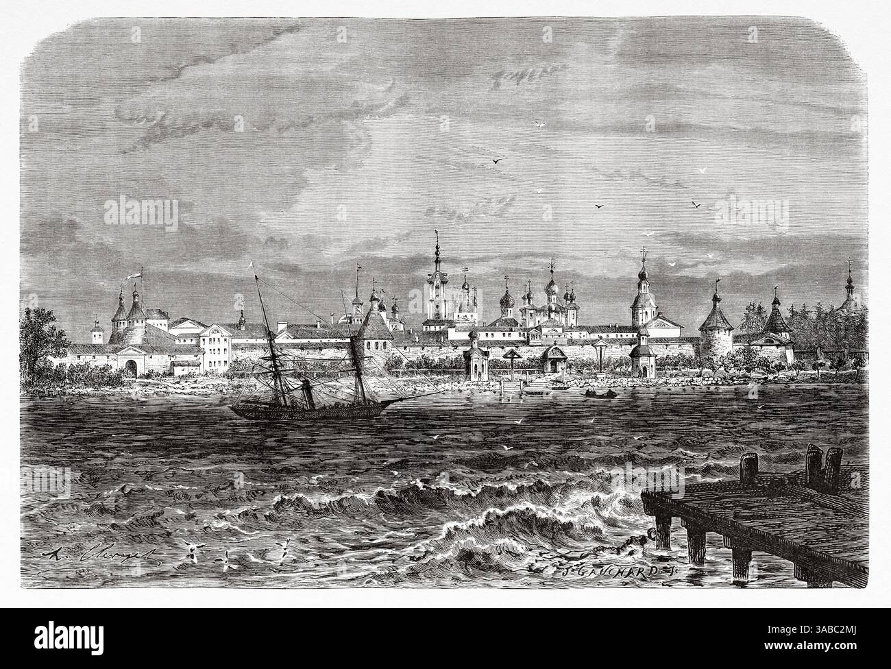 Il monastero di Solovetskij è un monastero fortificato situato sulle Isole Solovetskij nel Mar bianco. Era una delle più grandi cittadelle cristiane nel nord della Russia prima di essere convertita in prigione e campo di lavoro sovietico nel 1926-1939, e servì come prototipo per i campi del sistema Gulag. Russia settentrionale. Disegno di Hubert Clerget (1818-1899) viaggio in Russia libera 1869 di William Hepworth Dixon. Le Tour du Monde 1872 Foto Stock